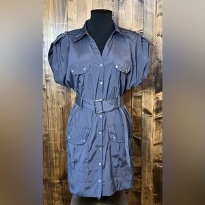 Antilia Femme Stretch Womens Grey Short Sleeve Belted Snap Dress Pockets Large